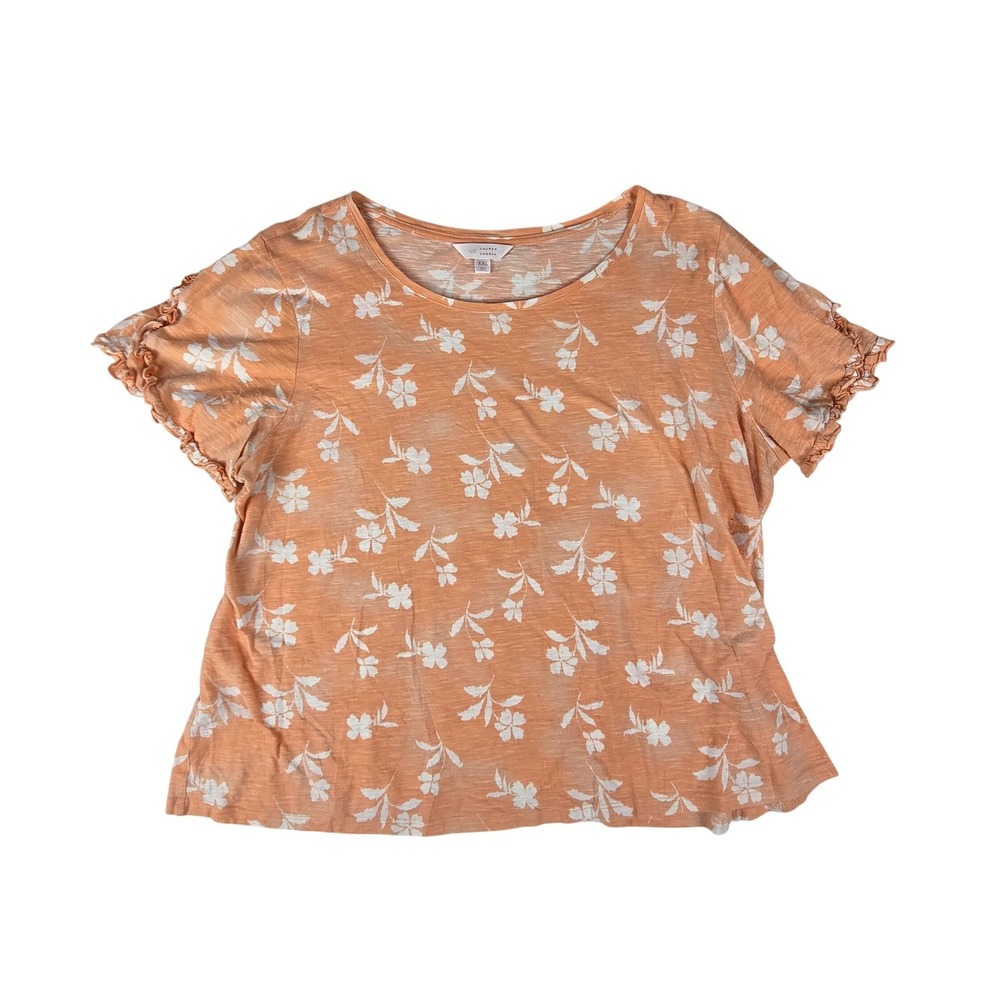 LC Lauren Conrad Floral Ruffle Sleeve Top Women XXL Orange White Cotton Slub
